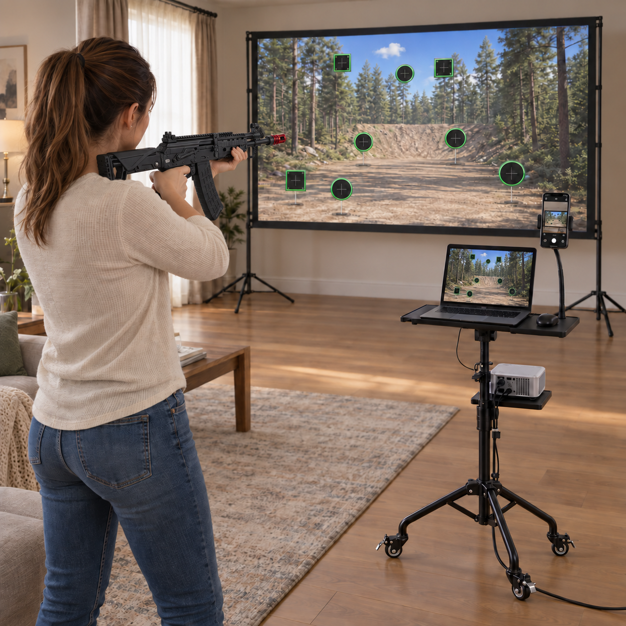 Fusil d'assaut AK laser face à la vidéoprojection