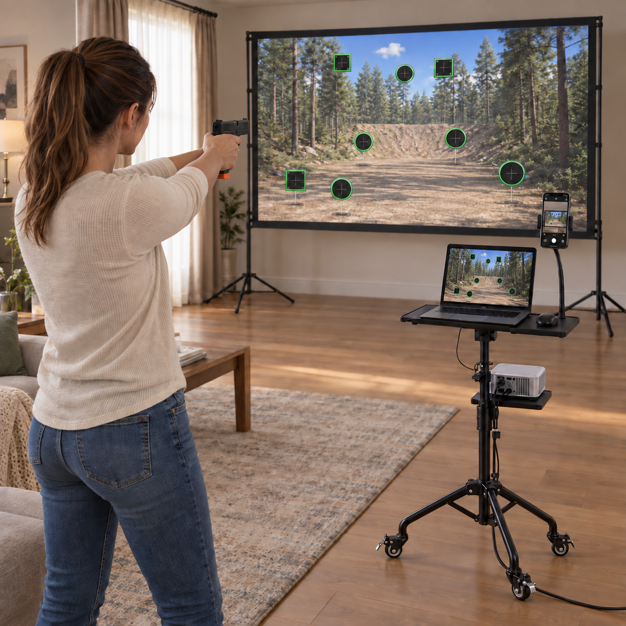 Pistolet laser d'entraînement orange face au vidéoprojecteur